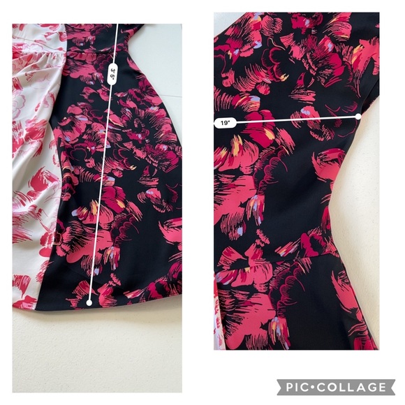 Lewit Double Print Floral 6 Silk Dress V Neck Asymmetrical Pink Black - Picture 6 of 10
